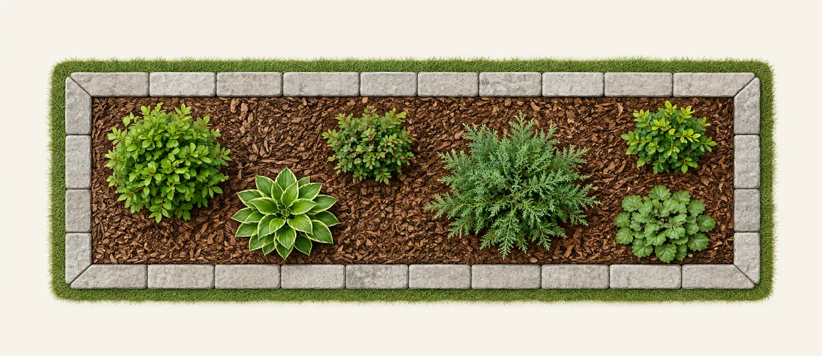 Garden bed illustration with plants and a visible layer of brown mulch